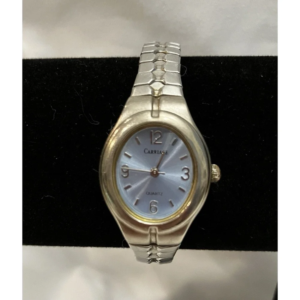 VTG Carriage Baby Blue Dial Oval Face Silver Tone Womens Watch New Battery Works